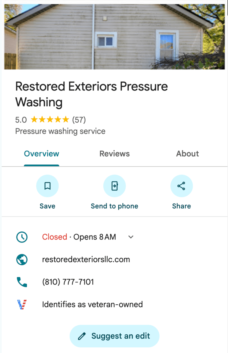Restored Exteriors live Google profile: 5.0 rating with 57 reviews, identifies as veteran-owned, website and phone listed